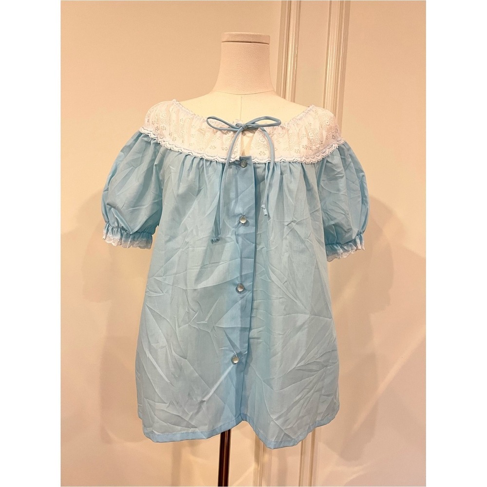 Vintage Luv'Lee Blue Eyelet Lace Bed Jacket Puff Sleeve Cottagecore Top M